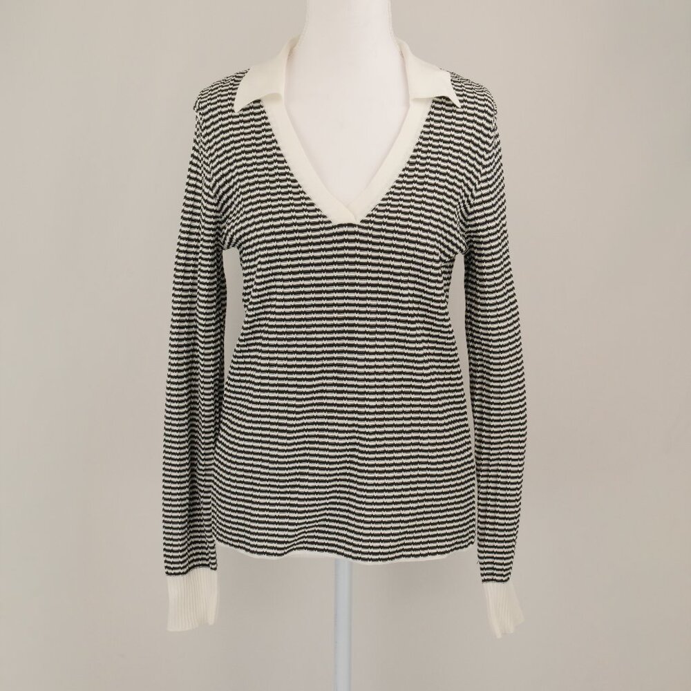 Elie Tahari The Carlotta Striped Open Collar Knit Sweater, Black White, Medium